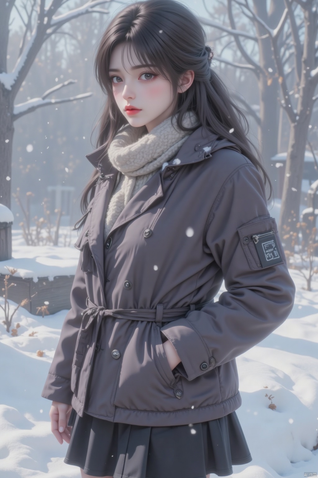 1girl, solo, long hair, looking at viewer, skirt, black hair, long sleeves, standing, jacket, cowboy shot, pleated skirt, outdoors, parted lips, black skirt, blurry, black eyes, lips, coat, snow, snowing