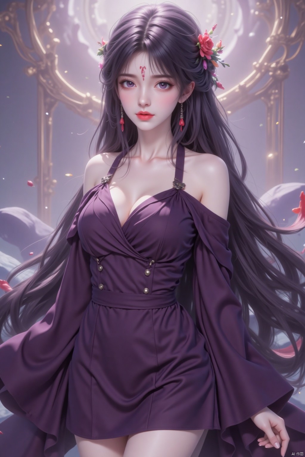 1girl, solo, long hair, breasts, black hair, hair ornament, dress, bare shoulders, jewelry, purple eyes, flower, earrings, black dress, bare legs, facial mark, purple dress, forehead mark, light