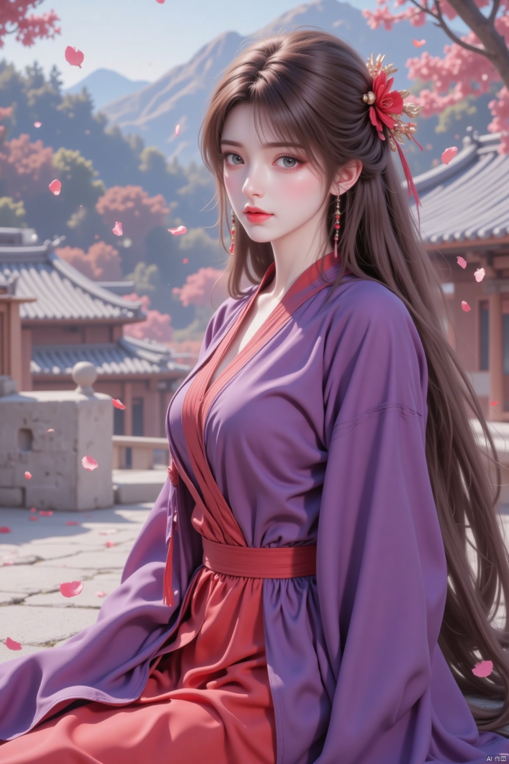 1girl, solo, long hair, looking at viewer, blue eyes, brown hair, hair ornament, long sleeves, purple dress, jewelry, sitting, earrings, outdoors, day, blurry, petals, blurry background, chinese clothes, red dress, architecture, east asian architecture, falling petals, hanfu
