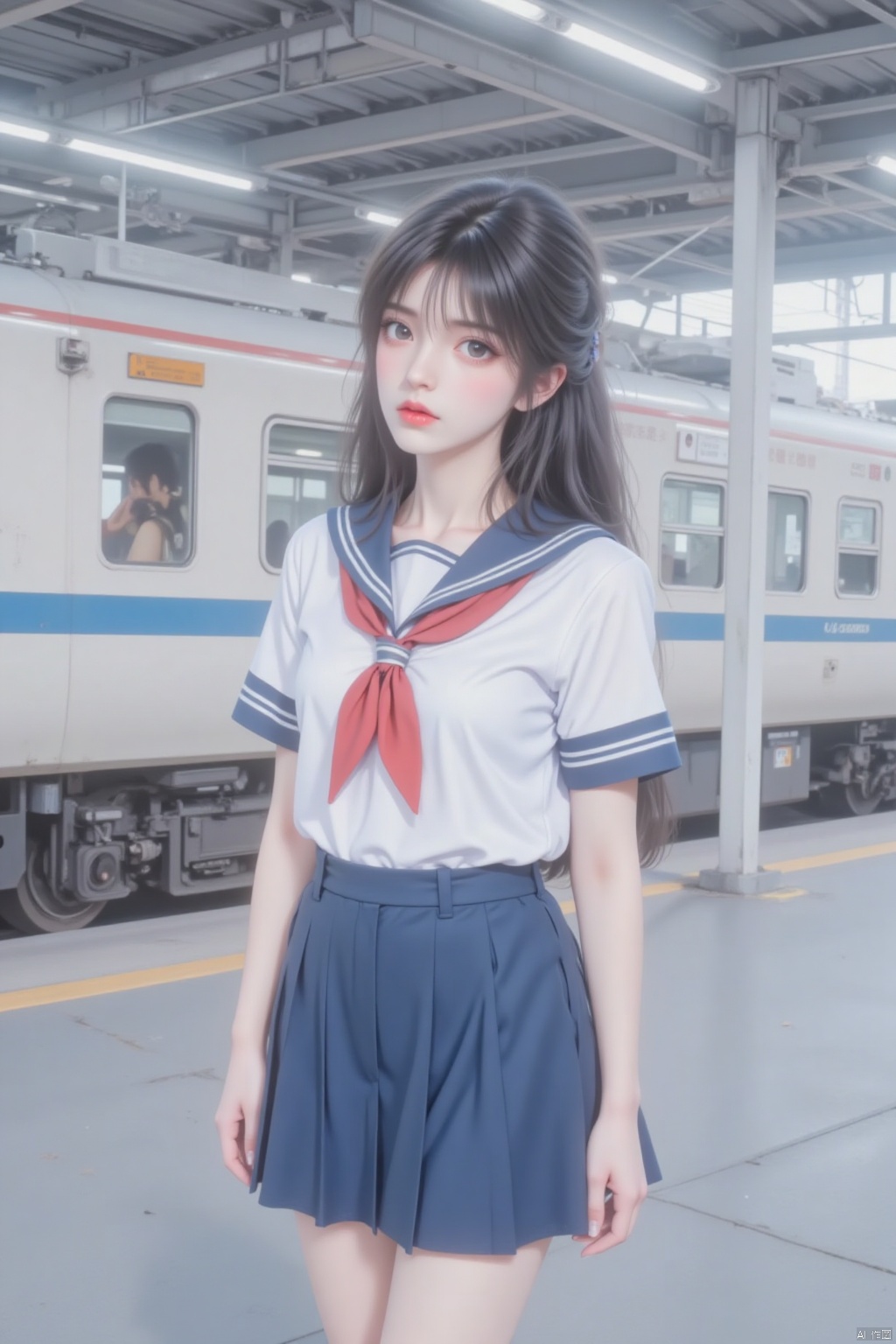 1girl, solo, long hair, looking at viewer, skirt, shirt, black hair, school uniform, standing, white shirt, short sleeves, pleated skirt, parted lips, serafuku, sailor collar, blurry, black eyes, lips, blue skirt, ground vehicle, train, train station