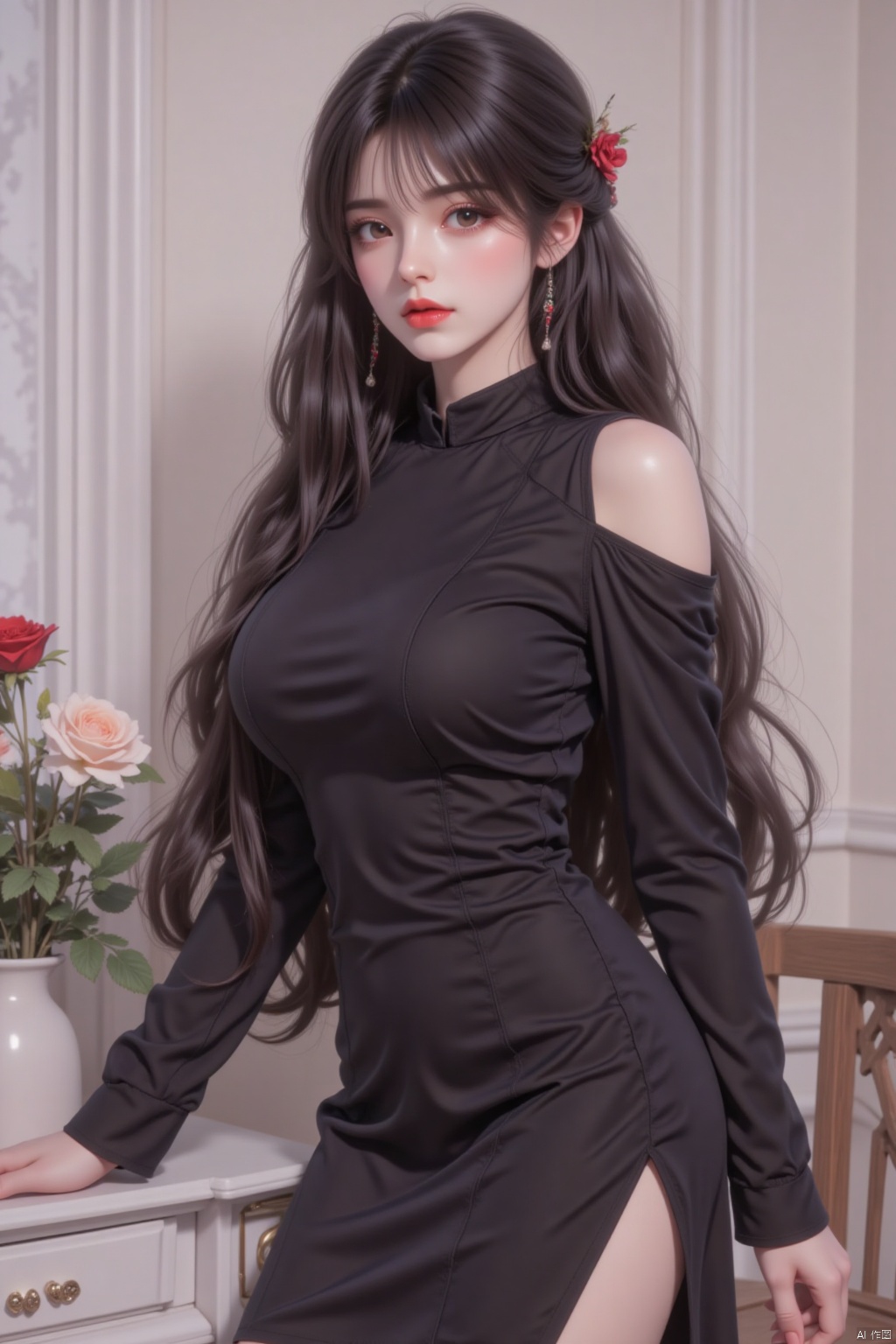 1girl, solo, long hair, breasts, looking at viewer, bangs, large breasts, black hair, long sleeves, dress, bare shoulders, brown eyes, jewelry, standing, flower, earrings, indoors, black dress, lips, feet out of frame, rose, table, side slit, red lips, shoulder cutout, vase