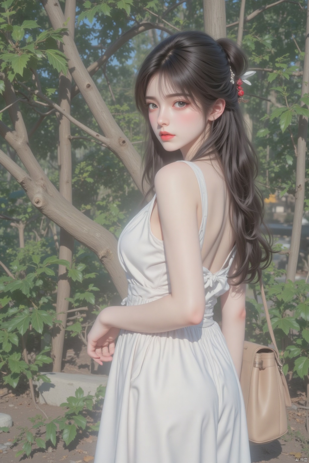 1girl, solo, long hair, breasts, looking at viewer, large breasts, black hair, hair ornament, dress, ass, cowboy shot, looking back, bag, hair bun, from behind, white dress, leaf, back, handbag, backless outfit, branch, backless dress