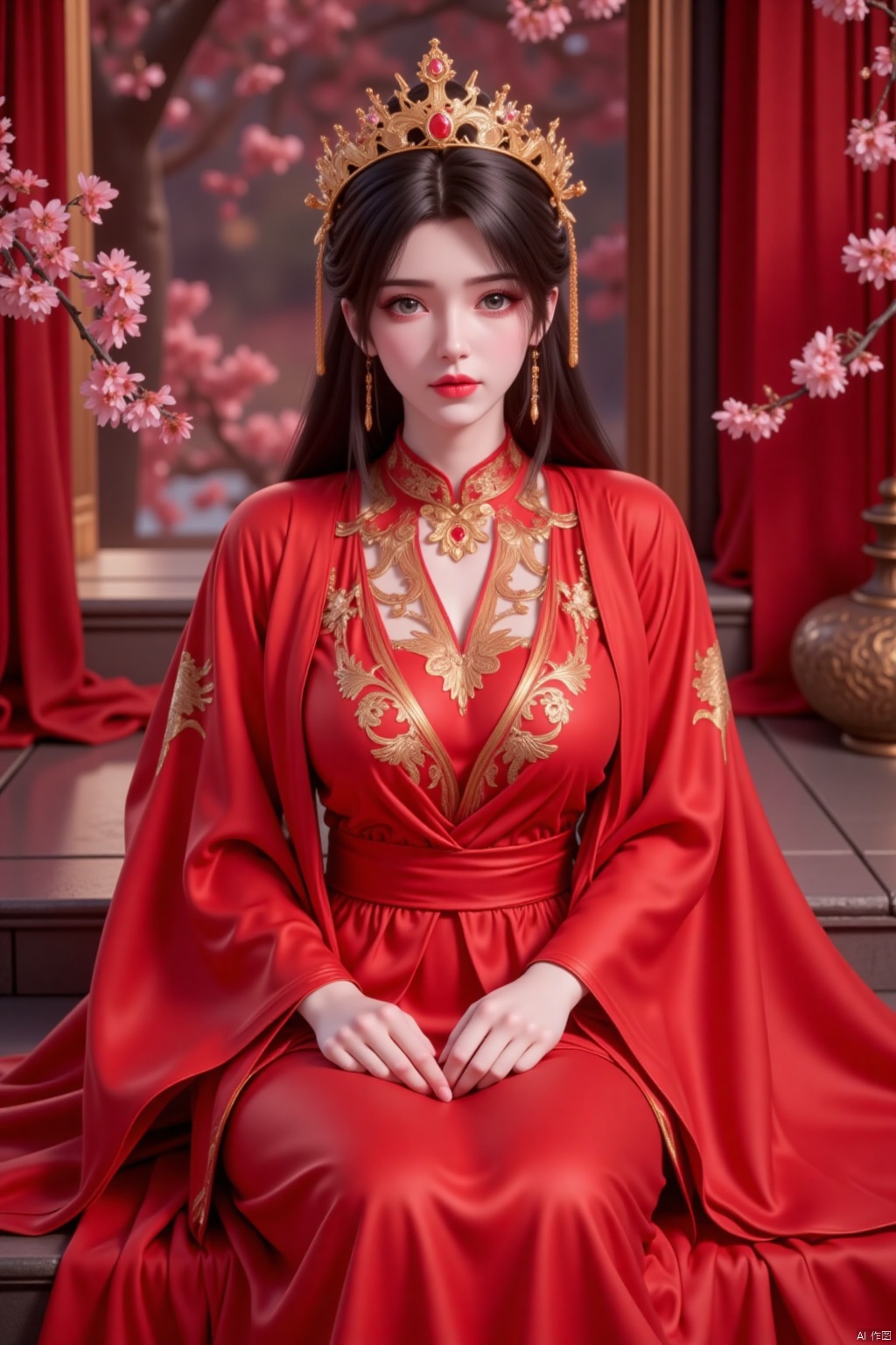 a woman dressed in a red silk dress, adorned with a gold crown, is seated on a step in front of a window. The woman's dress is adorned with gold accents, adding a touch of sparkle to her outfit. Her hair is styled in a sleek bob, and her eyes are a piercing blue. The backdrop is a vibrant red, with cherry blossoms adding a pop of color to the scene.