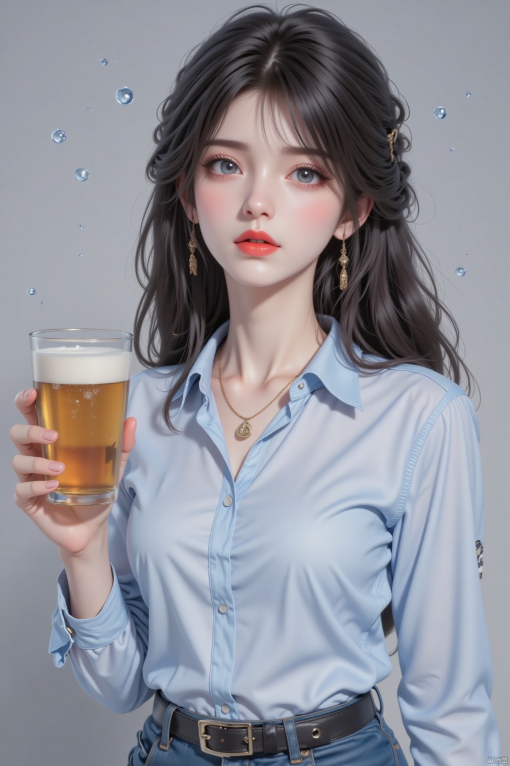 An animated image of a woman holding a glass of beer. The woman is wearing a light blue shirt with a blue collar. She is also wearing a gold necklace and earrings. Her hair is black and wavy. Her eyes are blue and her lips are red. She has a black belt around her waist. The belt has a silver buckle on it. There are bubbles floating in the air around her head.