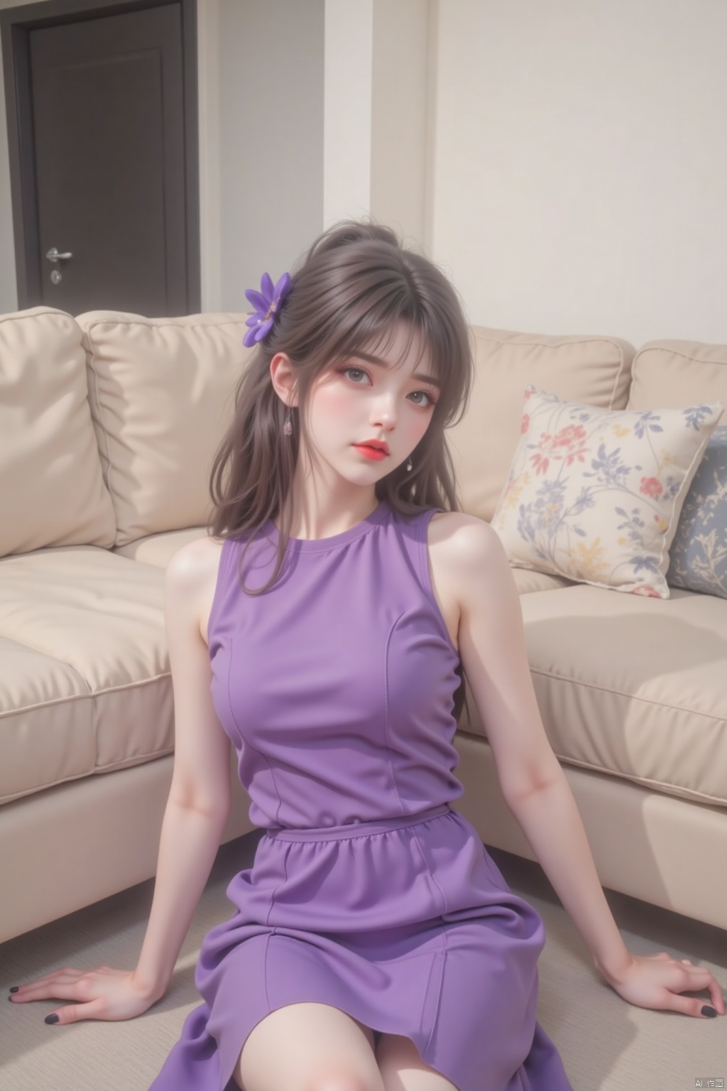 a young Asian woman is seated on the floor of a hotel room. She is dressed in a sleeveless purple dress, adorned with a purple flower in her hair. Her hair is pulled back in a ponytail, adding a touch of color to her face. The woman's lips are painted a deep red, her fingernails are painted black, while her left hand is resting on her knee. The sofa she is sitting on is a light beige, with a few pillows on it. The walls of the room are a creamy white, and there is a black door in the background.