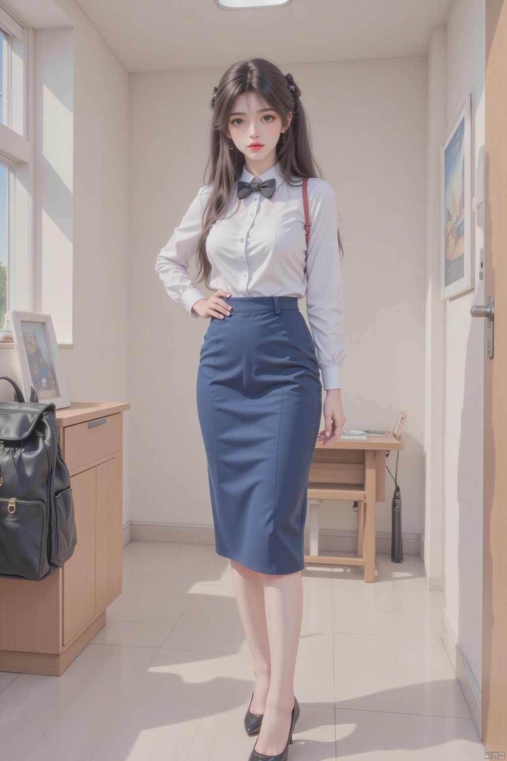 1girl, solo, long hair, looking at viewer, skirt, brown hair, shirt, black hair, long sleeves, bow, twintails, brown eyes, standing, full body, white shirt, collared shirt, indoors, bowtie, bag, black footwear, high heels, blue skirt, hand on hip, black bow, backpack, pencil skirt