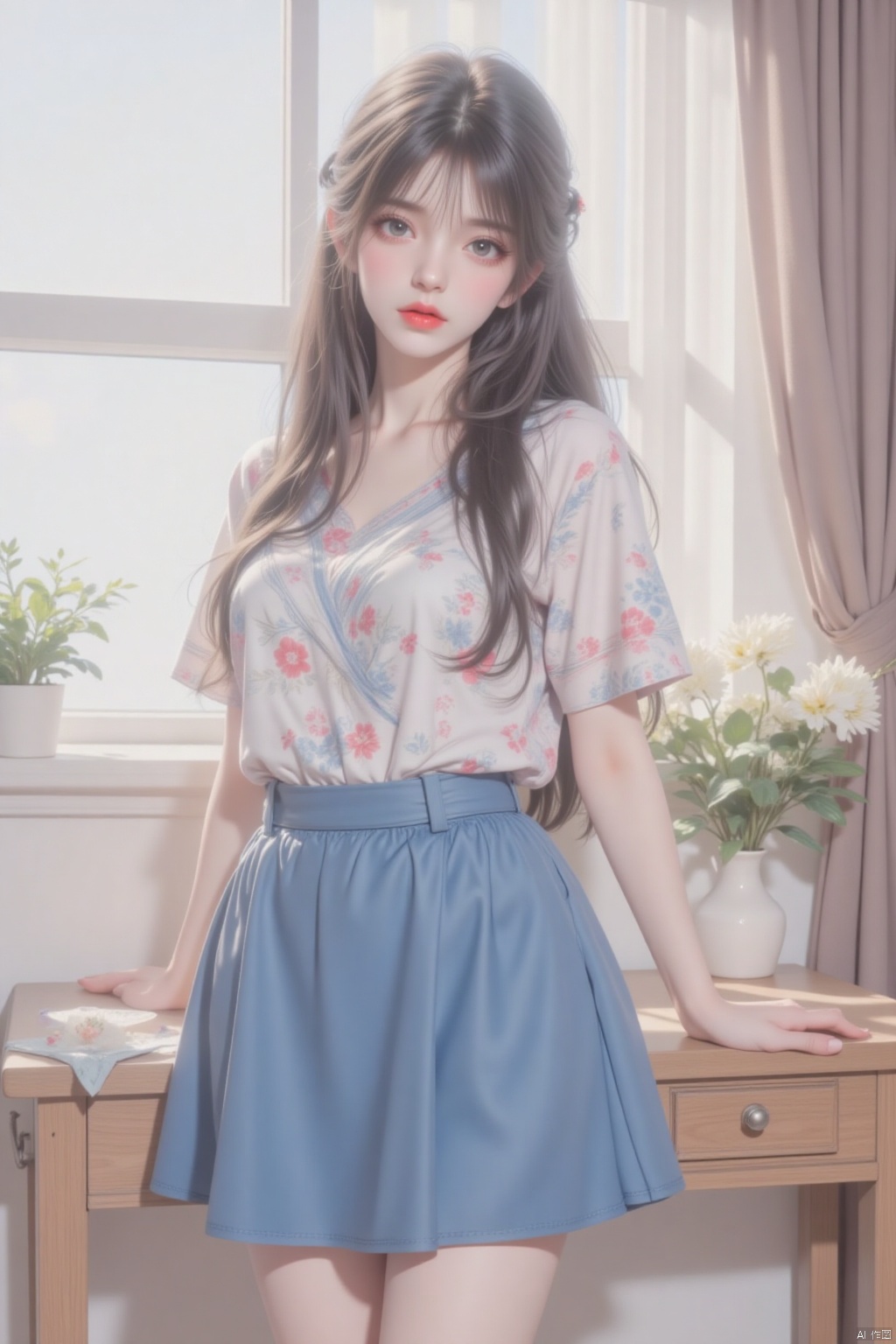 1girl, solo, long hair, looking at viewer, skirt, shirt, black hair, dress, flower, parted lips, indoors, blue skirt, window, chair, table, plant, curtains, vase