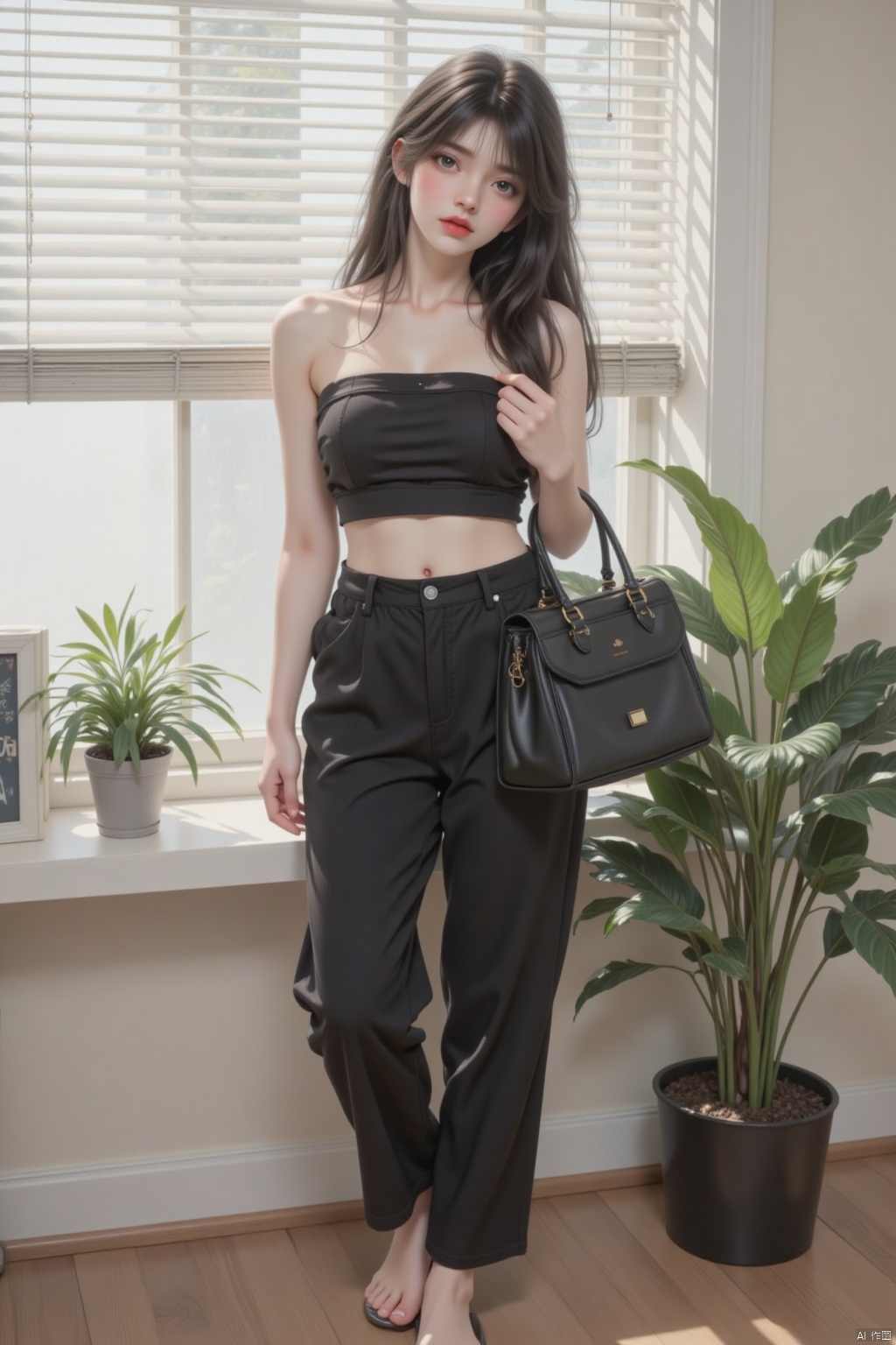 1girl, solo, long hair, black hair, holding, bare shoulders, standing, pants, indoors, bag, lips, window, strapless, feet out of frame, black pants, plant, headwear removed, handbag, blinds