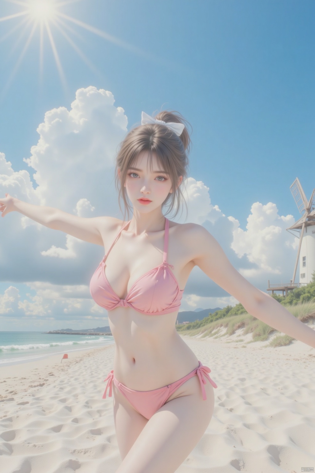 a woman in a pink bikini is stunning against a backdrop of a sandy beach. The woman's body is angled towards the left,  he...