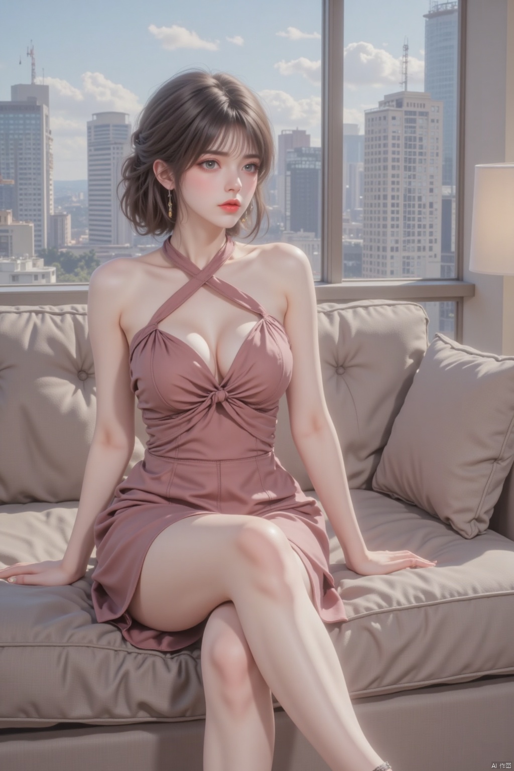 1girl, solo, breasts, looking at viewer, short hair, skirt, dress, bare shoulders, jewelry, medium breasts, sitting, closed mouth, full body, earrings, indoors, high heels, lips, legs, makeup, halterneck, couch, between legs, hand between legs, city, realistic, cityscape, skyscraper