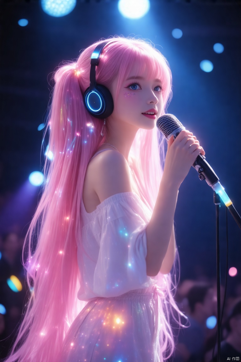 Super long, shiny pink hair flows like a river of sunset hues down the back of a lone girl, standing solo on a darkened Tokyo Dome stage. Her blue eyes sparkle under the glow of waving, colorful glow sticks as she sings with conviction, headset microphone in hand. Disheveled strands frame her cherubic face, adorned with mesmerizing makeup prints that seem to shift and shimmer like cherry blossom petals. Thighs-length fringe hair dances around her legs, a whirlwind of femininity. Ray tracing renders every strand with precision, as if the very fabric of reality has been woven into this masterpiece. ((Masterpiece)), (((Best quality))), ((Ultra-detailed)), ((Illustration))