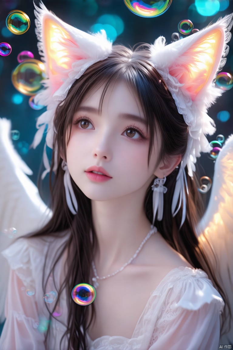 Super high resolution, angel, poet, cat ears, highlights, look up, colorful bubbles, Monet style, broken dreams, long hair, gothic style, lolita style, Magazine cover

