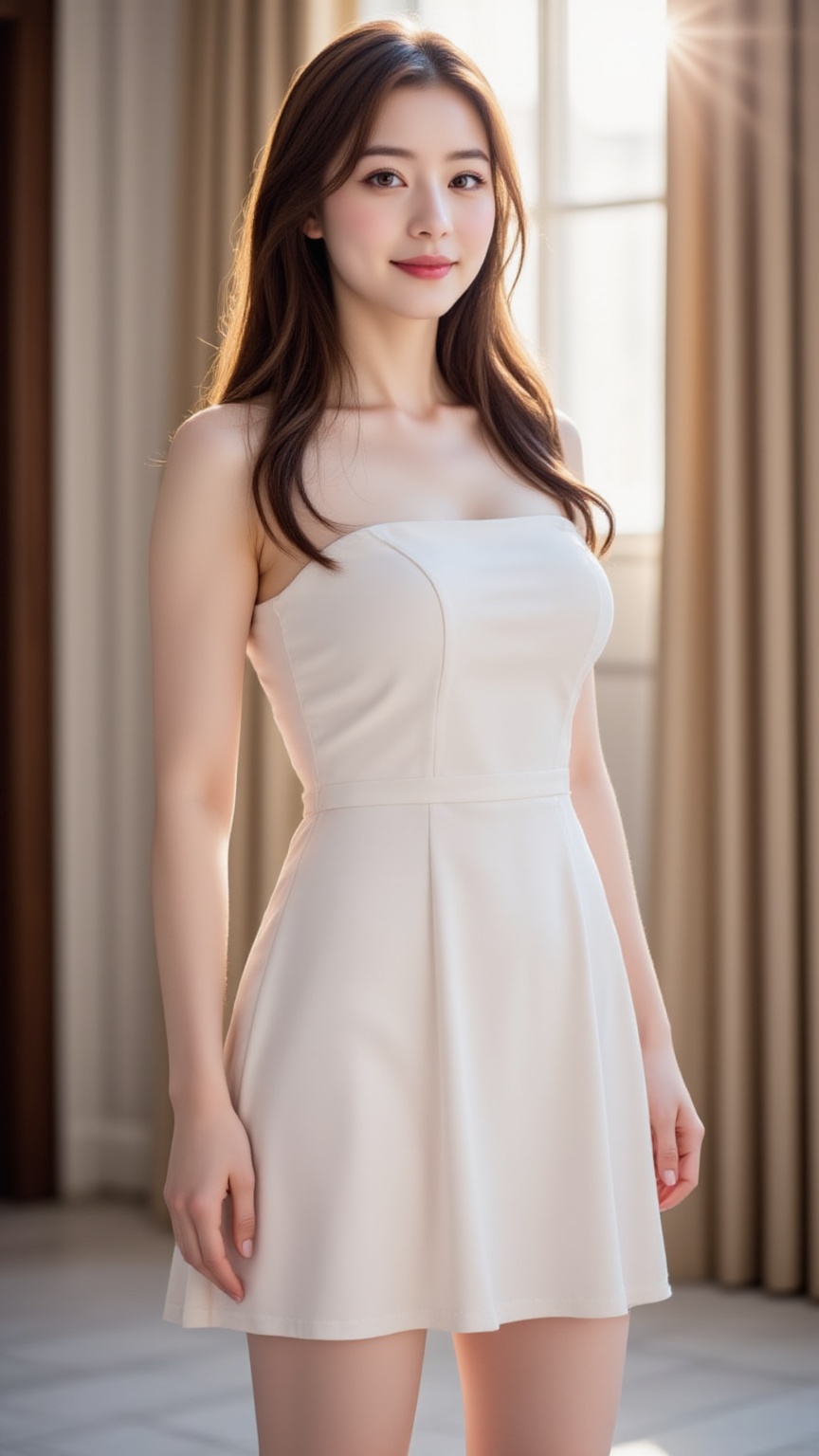 Create a vibrant image of a young Asian woman with bright pink lips and a faint smile,  wearing a tube-neck A-line dress....