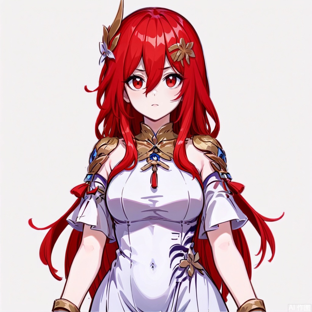 masterpiece, best quality,solo,(white background:1.2),simple background,
looking at viewer,jingwei, 1girl, red eyes, long hair,red hair, hair ornament, jewelry, hair between eyes, bangs