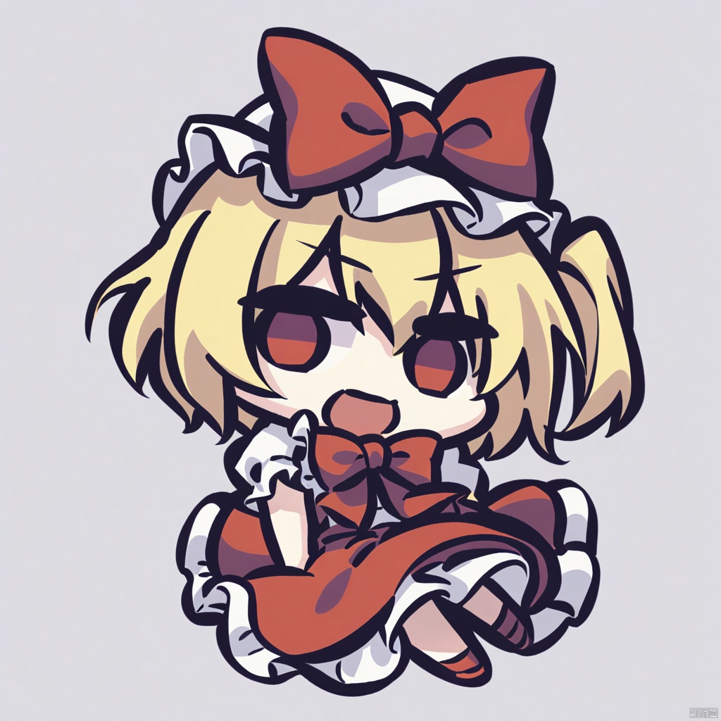 chibi,solo,1girl,flandre scarlet,touhou,blonde hair,wings,red eyes,hat,ribbon,mob cap,short hair,side ponytail,hat ribbon,one side up,white headwear,bow,bangs,,