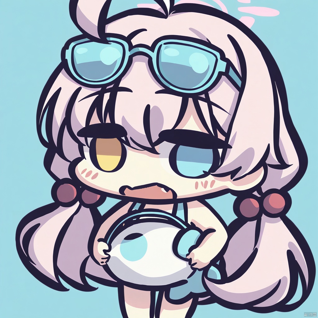 chibi,1girl,hoshino \(swimsuit\) \(blue archive\),blue archive,ahoge,pink hair,twintails,hair ornament,halo,long hair,low twintails,sunglasses,eyewear on head,blue eyes,bangs,yellow eyes,very long hair,heterochromia,fang,hair between eyes,,