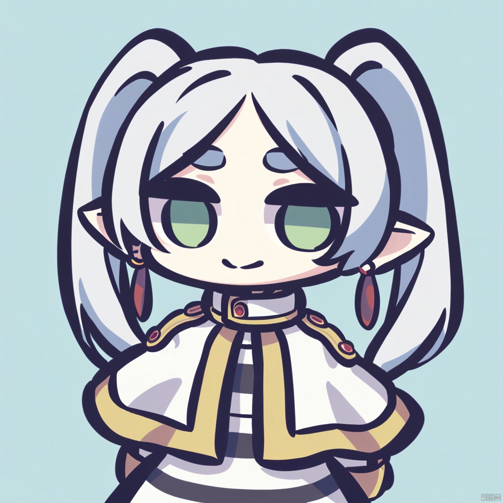 chibi,1girl,frieren,green eyes,grey hair,twintails,pointy ears,eyebrows,white capelet,long sleeves,earrings,striped shirt,arms behind back,smile,upper body,looking at viewer,solo,simple background,white background,,