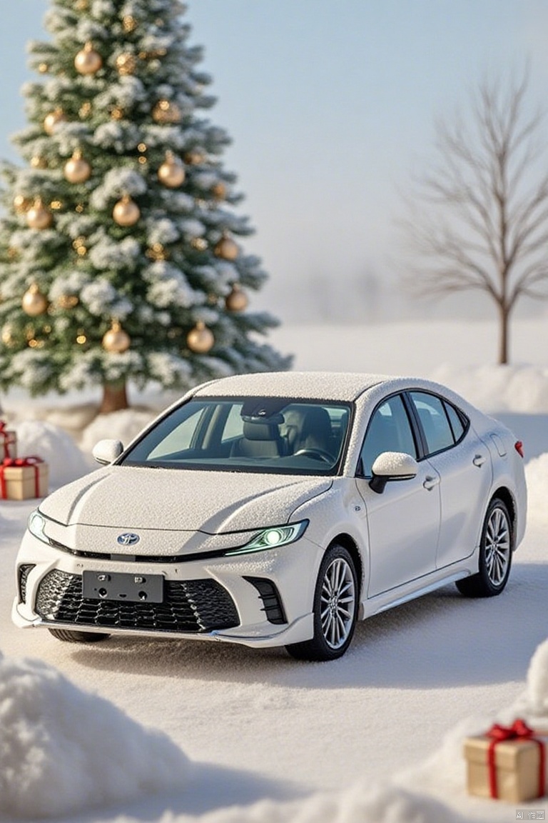 a car, camry9,, a car from TOYOTA, is depicted in a whimsical plush style. The whole car is not wrapped in plush except for the tires and glass. Plush car parked on a snowy field with piles of snow, behind it is a beautiful Christmas tree and surrounded by Christmas gift elements. Golden lights illuminate the scene, casting a warm glow on the plush body of camry9,
