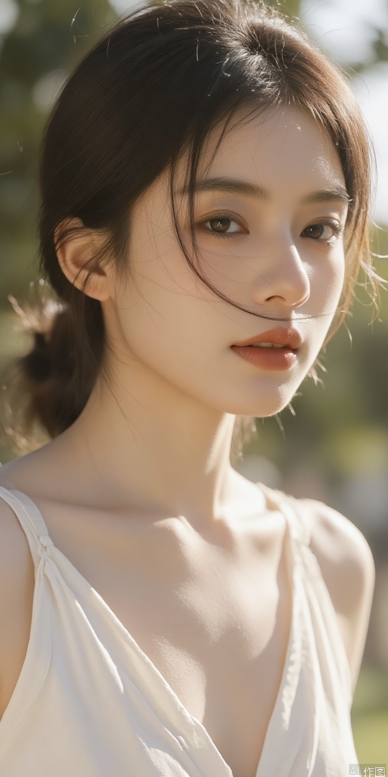 photorealistic woman in soft sunlight, wearing silk white dress, delicate collarbone visible, wind-blown hair, 8k ultra-detailed skin texture, subtle blush on cheeks, natural makeup, serene garden background, shallow depth of field, film grain effect