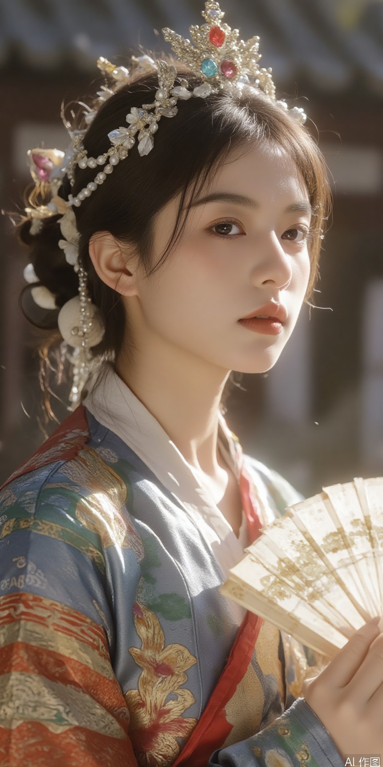 Ultra photoreal, Insane Details,32K,Realistic, In this exquisite portrait, a beautiful young Yanji princess who seems to have descended from the fairyland stands gracefully. She wears a magnificent traditional headdress. The resplendent pearls and jewels sway gracefully, glittering with charming light. Under the young girl's curved willow-leaf eyebrows, her eyes are as clear and moving as autumn waters. There is a gentle and tender look in her eyes. Her fair skin is as delicate and smooth as white jade, as if it could be broken with a gentle touch. She is dressed in colorful traditional Yanji clothing. The delicate embroidery blooms on the brocade. The skirt flutters gently with the wind, just like a dancing colorful butterfly. One hand gently holds the corner of her clothes. Her posture is elegant and dignified. The other hand holds a beautiful folding fan. The pattern on the fan surface complements her clothing. The background is an antique courtyard with rockeries, strange rocks, pavilions and towers in a well-arranged manner. The sunlight shines through the gaps between the leaves and falls on her, outlining charming light and shadow, making her even more bright and moving. This beautiful young Yanji princess seems to come from the historical scroll, bringing unique charm and amorous feelings, making people intoxicated and unforgettable.,Princess Yanji,face002