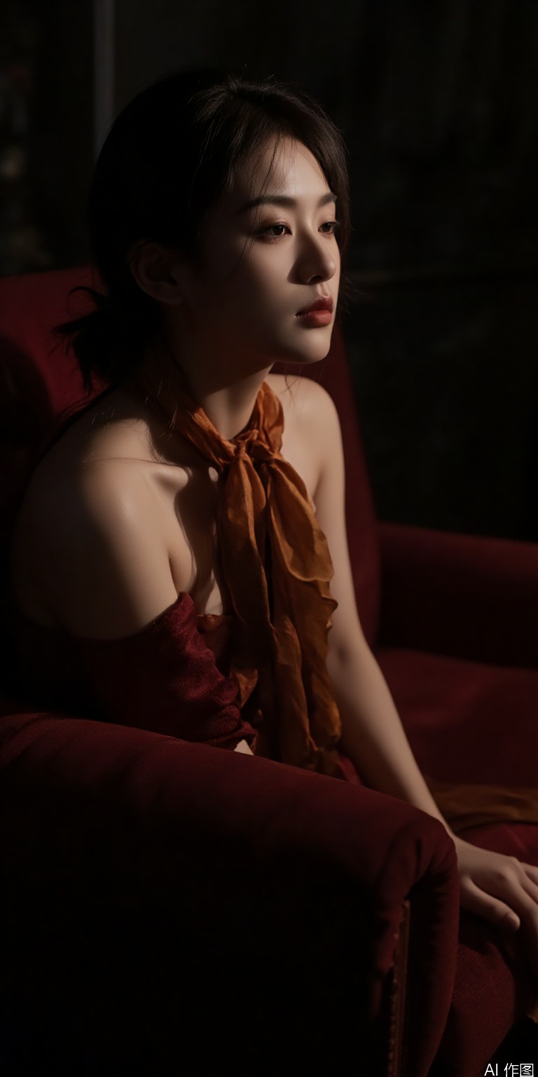 Dynamic pose on velvet sofa, silk ribbon loosely tied around neck, chiaroscuro lighting emphasizing facial contours, 8k skin pores visible"**​