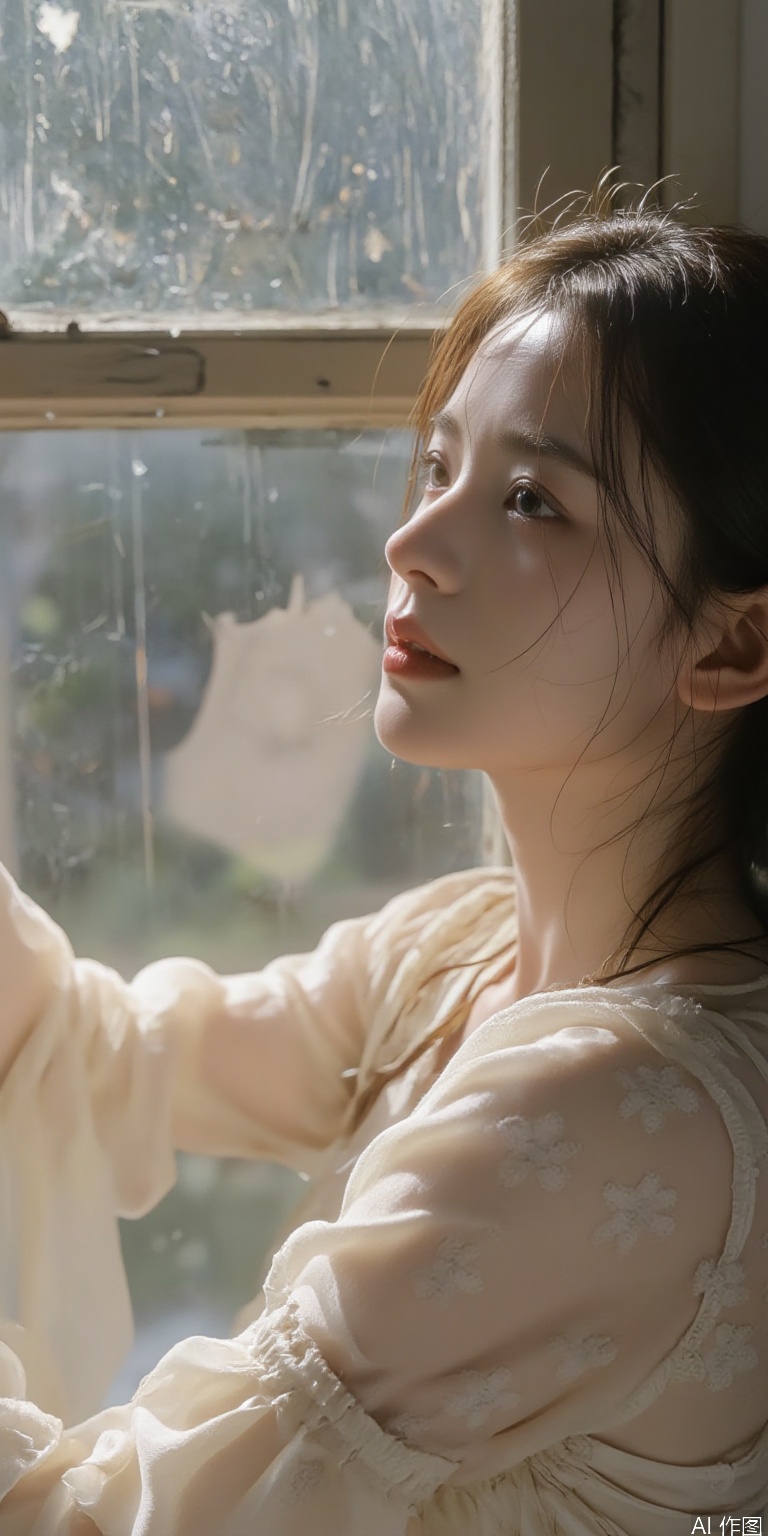 a woman leaning against vintage window frame, wet hair strands clinging to neck, translucent chiffon dress with floral embroidery, morning mist outside, ultra-sharp fabric texture, film grain effect"