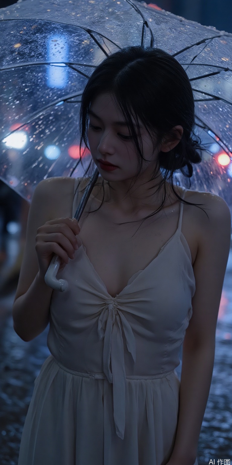 Girl sheltering under transparent umbrella in downpour, wet silk dress clinging to silhouette, raindrops tracing jawline down to exposed clavicle, neon signs reflecting in puddles.