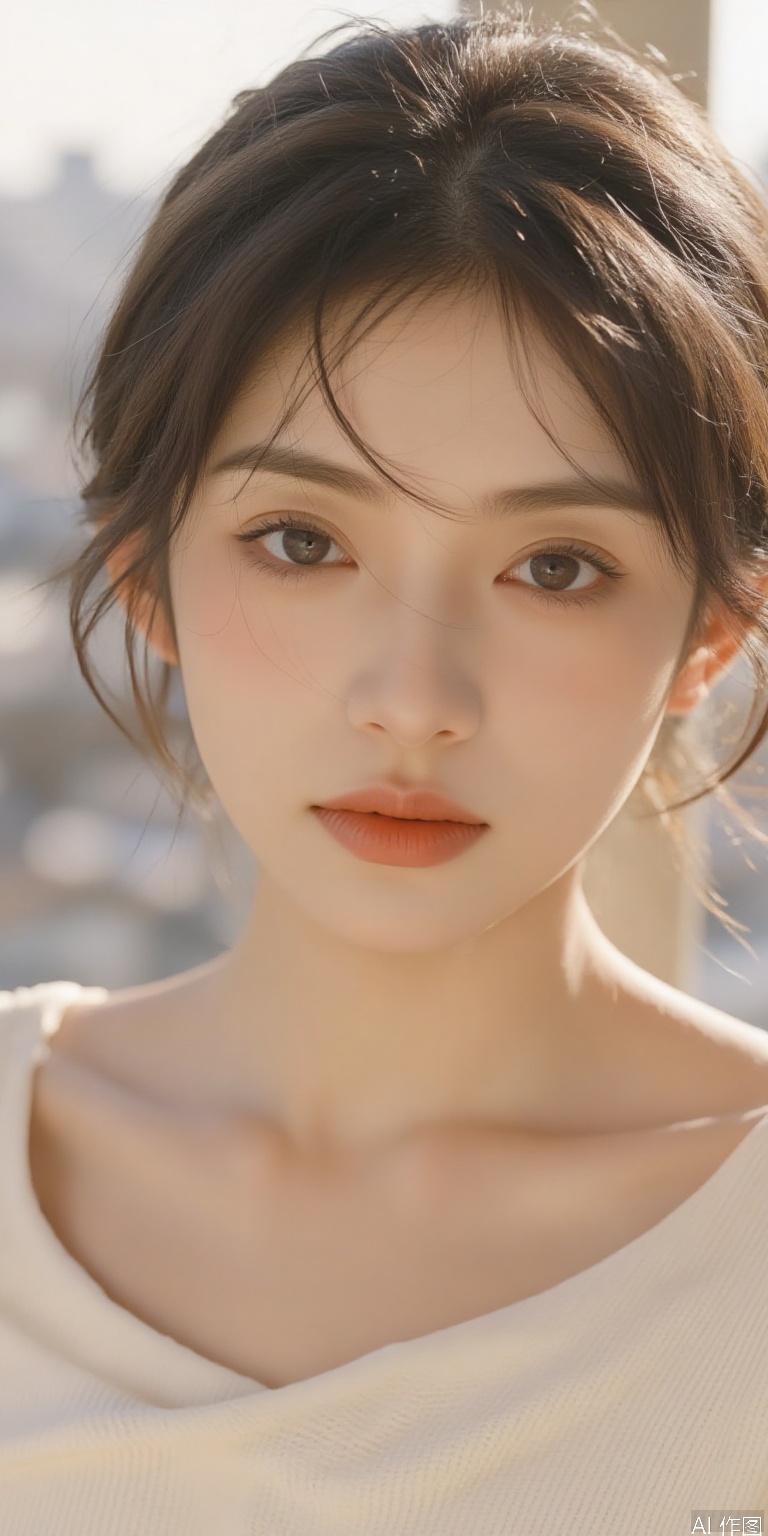 (masterpiece, best quality, ultra high res:1.3), 1girl, soft natural makeup, innocent expression, loose white sweater slightly slipping off shoulder, delicate collarbone, golden hour lighting, blurred cityscape background, slight motion blur, (soft focus:0.8), detailed skin texture, subtle blush