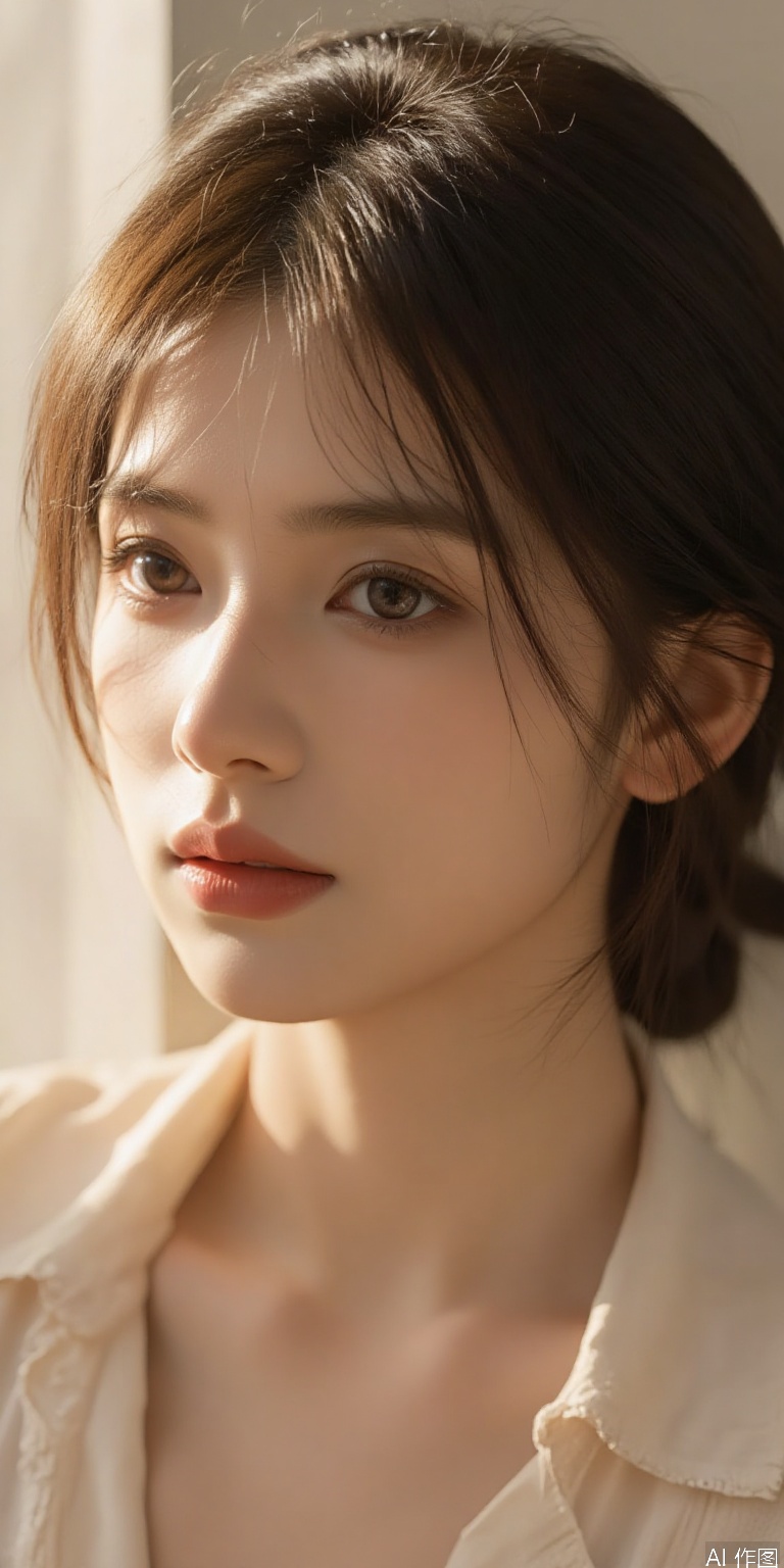 ultra-detailed portrait, soft natural lighting, young woman with slightly parted lips, tousled hair, gentle gaze, silk blouse with unbuttoned collar, golden hour ambiance, cinematic depth of field, 8k resolution, photorealistic skin texture