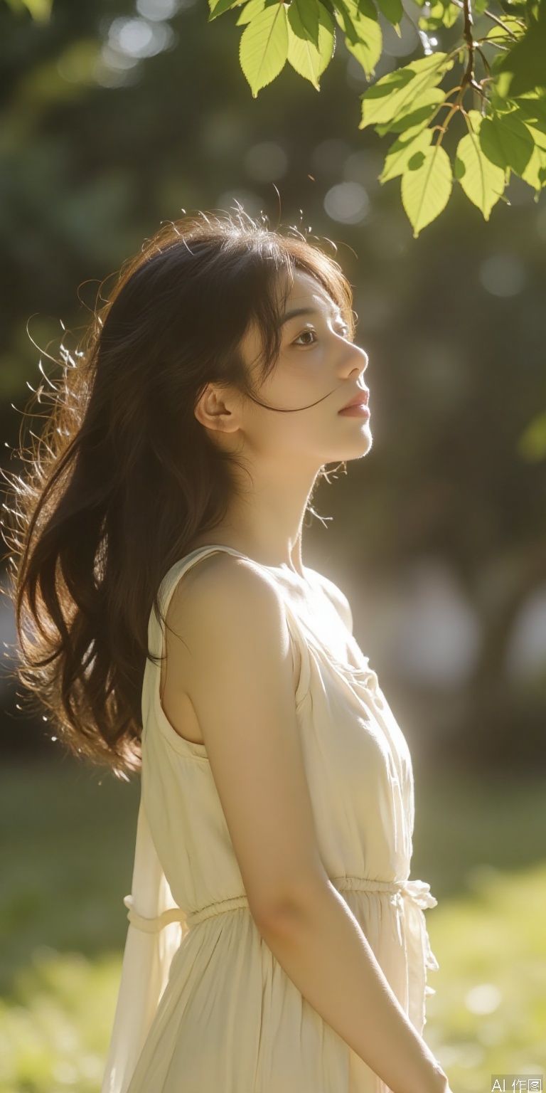 (8k RAW photo:1.2), 1 young woman in flowy sundress, wind-blown hair, sunlight filtering through leaves, backlit silhouette, (translucent fabric:0.7), barefoot on grass, slight sweat droplets on neck, shallow depth of field, (summer breeze ambiance)