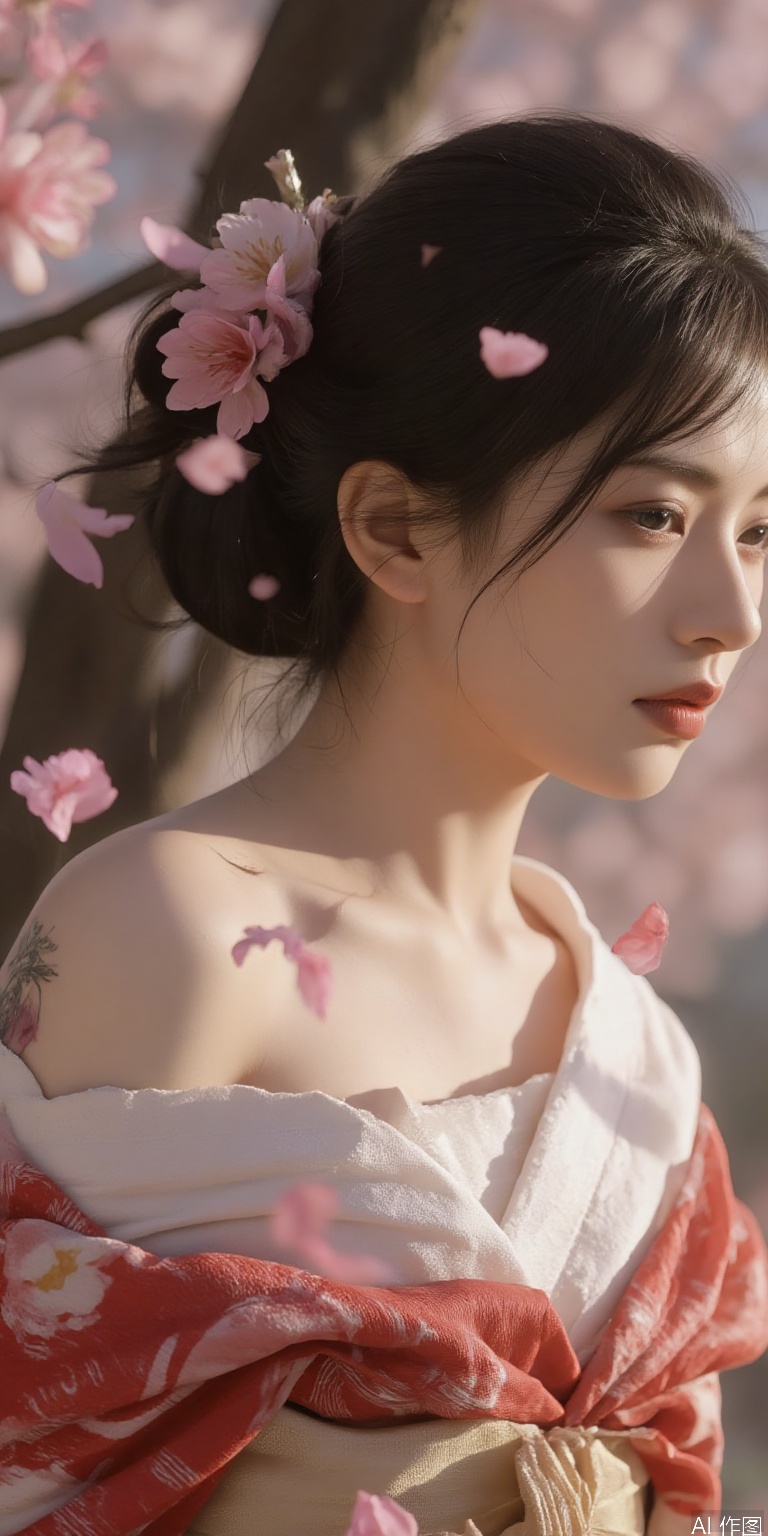 geisha-inspired makeup with modern twist, loose kimono revealing shoulder tattoo, cherry blossom petals falling, 4k texture on silk obi belt, ambient occlusion shadows, Unreal Engine 5 rendering
