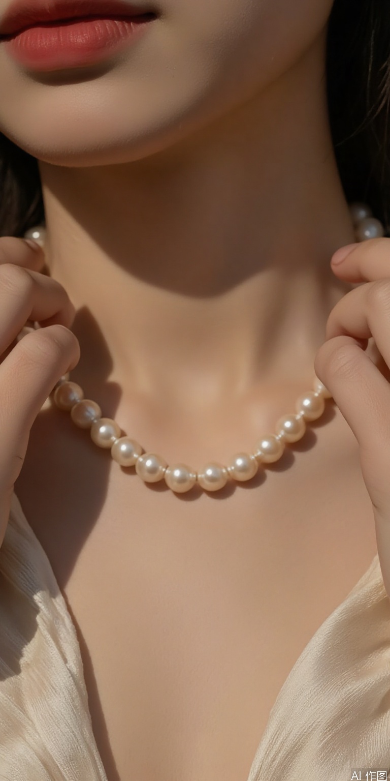 close-up of hands adjusting pearl necklace against bare neck, silk robe slipping from shoulder, macro lens detail on pearl luster and skin pores, soft rim lighting, Dutch Golden Age inspired