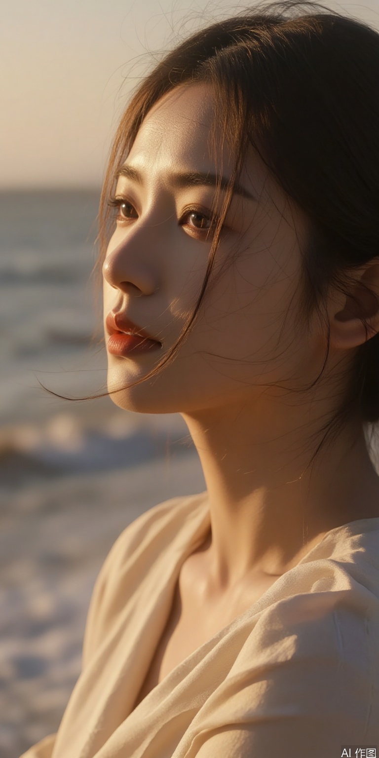 "Photorealistic closeup of female model in satin dress standing by ocean waves, golden hour sunlight reflecting on damp fabric contours, wind-blown hair strands detailed"**​
