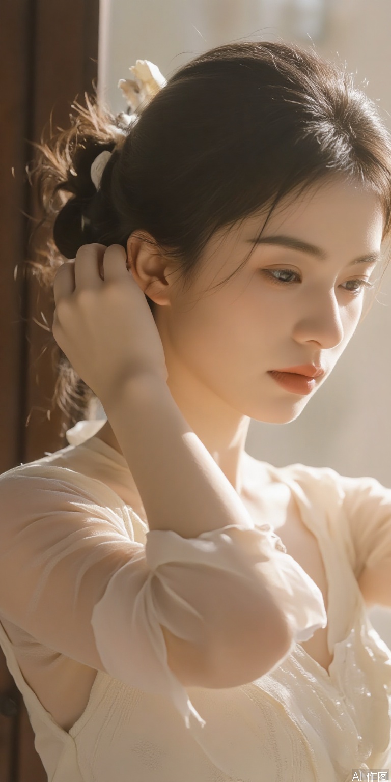 Translucent chiffon sleeves on qipao, arms raised to pin up hair, sunlight filtering through fabric revealing shoulder silhouette