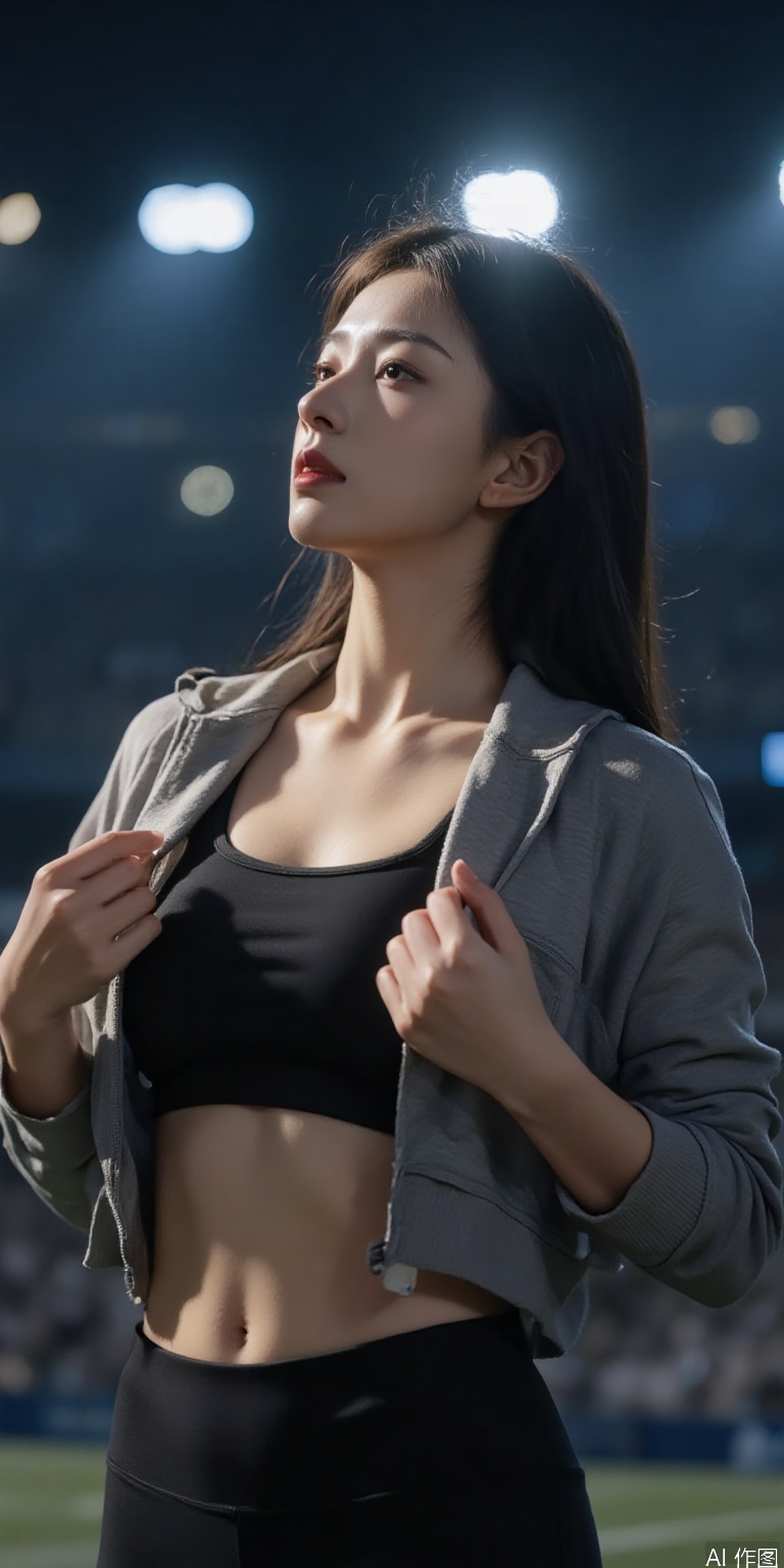 Athletic girl adjusting sports bra strap mid-stretch, cropped hoodie riding up to expose toned midriff, sweat glistening on neck under stadium floodlights with bokeh background.