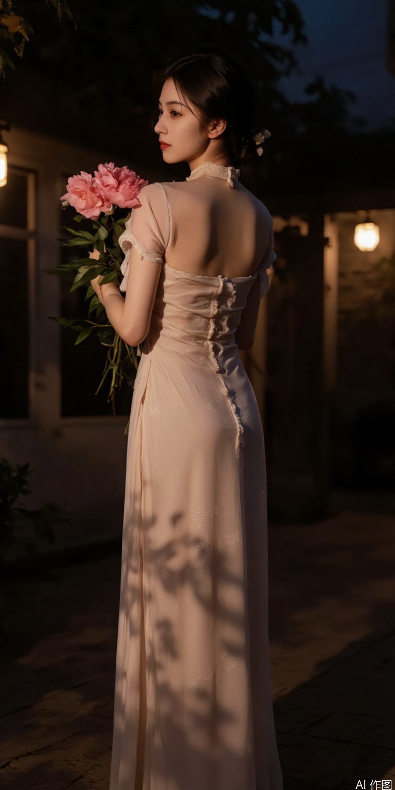Moon gate courtyard scene: sheer chiffon qipao backlit by paper lanterns, holding peony bouquet that casts petal shadows across torso"**​