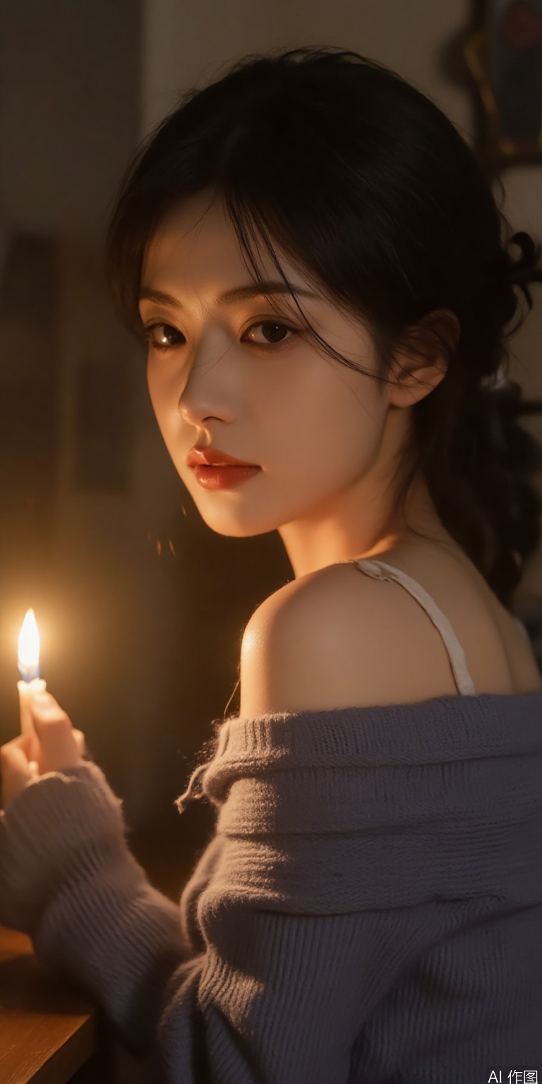 Oil painting style portrait with realistic brush strokes, off-shoulder knit sweater slipping slightly, warm candlelight glow on cheekbones"**​