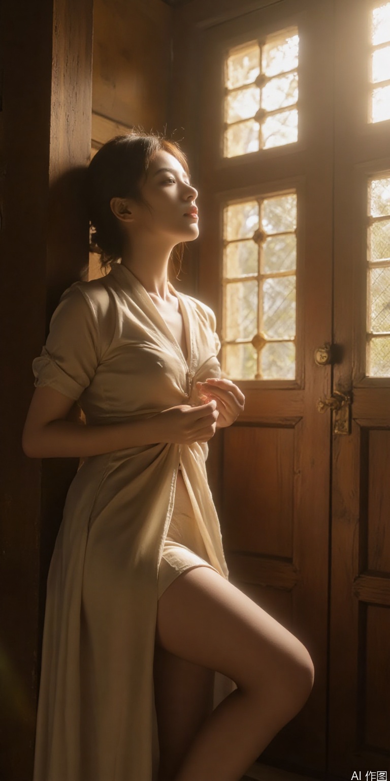 Cinematic shot of a woman leaning against an antique wooden window, qipao slit revealing a glimpse of thigh, golden hour backlighting creating a warm glow on satin fabric"