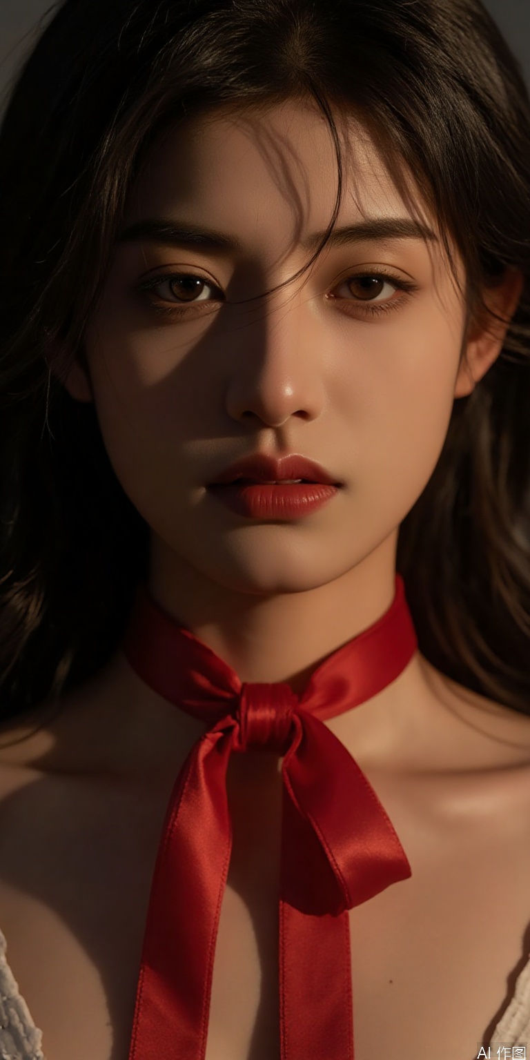 dramatic Rembrandt lighting on face, red satin ribbon tied around neck, shadow accentuating collarbone, 16-bit color depth, textured oil painting brush strokes style
