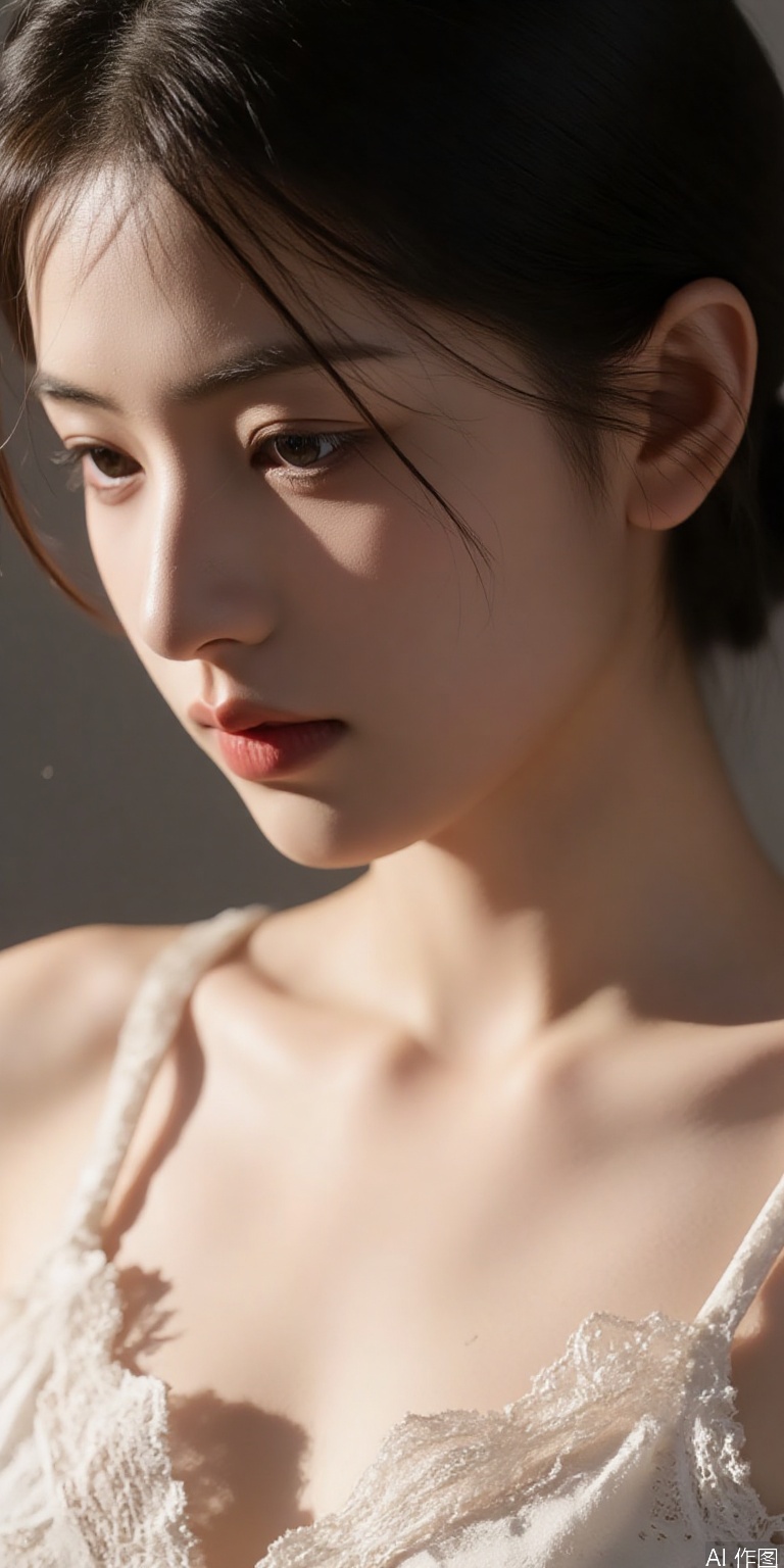 realistic studio lighting, delicate lace details on white camisole, bare shoulders, subtle blush on cheeks, shallow focus on collarbone, soft shadows, high fashion editorial style