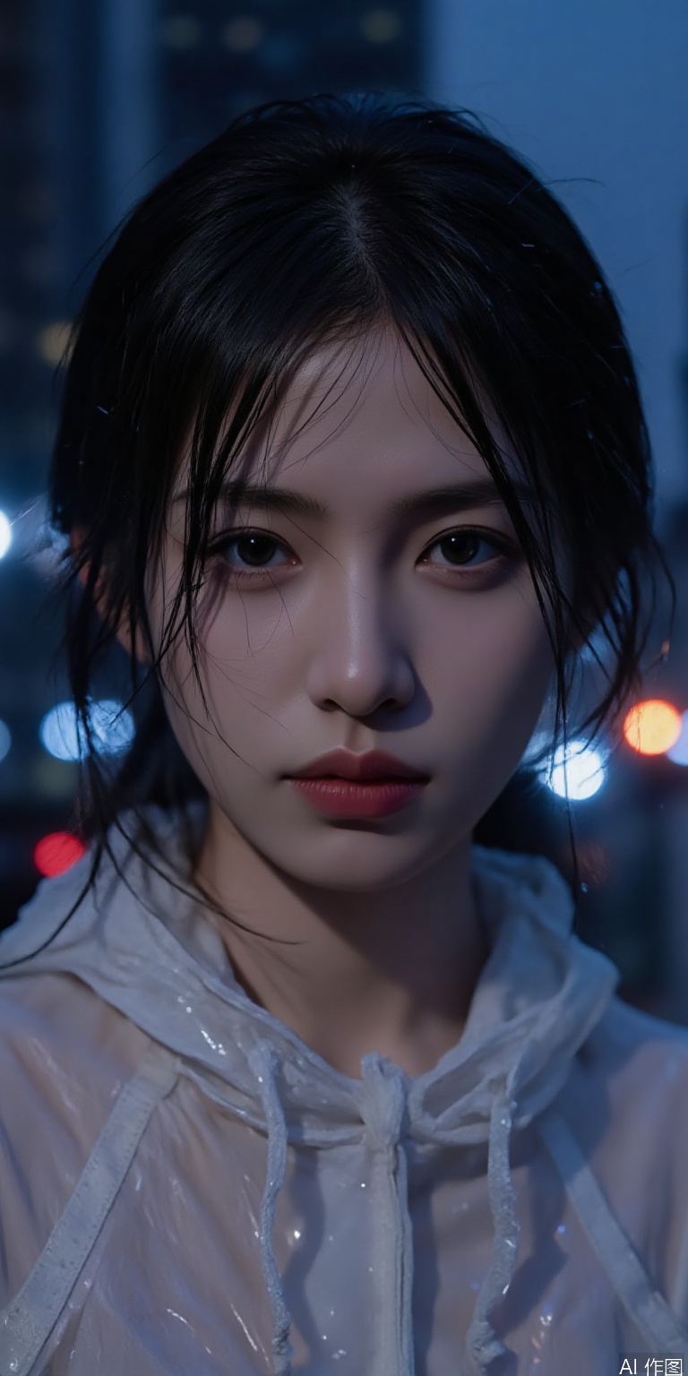 wet hair clinging to face, transparent raincoat in urban night, neon lights reflection on water droplets, hyper-realistic skin glistening, parted lips with faint smile, bokeh cityscape background, dramatic chiaroscuro lighting