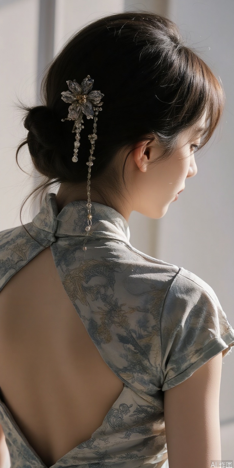 Back view of a qipao with intricate dragon embroidery, woman's hairpin dangling near exposed shoulder blades, shallow depth of field