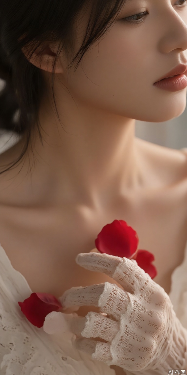 Ultra HD details of lace gloves touching rose petals, subtle sweat beads on collarbone, cinematic bokeh background with soft gradient lighting"**​