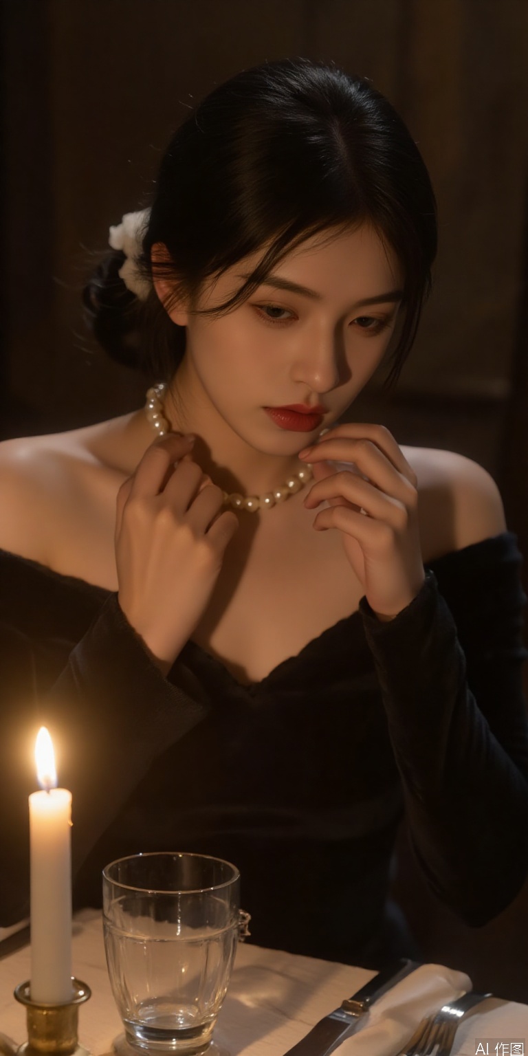 close-up of hands adjusting pearl necklace, off-shoulder black velvet dress, candlelit dinner table setting, chiaroscuro lighting, 35mm film photography aesthetic