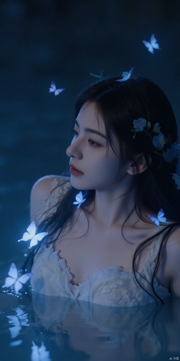 A girl in a serene scene, partially submerged, wearing a lacey white dress, with long wavy hair adorned with flowers, glowing butterflies fluttering around, bathed in soft ethereal light with a bluish hue, set against a dark background suggesting nighttime, creating a mystical atmosphere. Reflective water adds to the scene. Masterpiece quality, best high-resolution unity 8k wallpaper, perfect lighting with extremely detailed computer-generated imagery (CGI), finely detailed with soft lighting and shadow, soft yet striking lighting, film grain, visible skin pores, detailed skin texture, solo focus, detailed face, see-through effect, misty, low key lighting, depth of field.