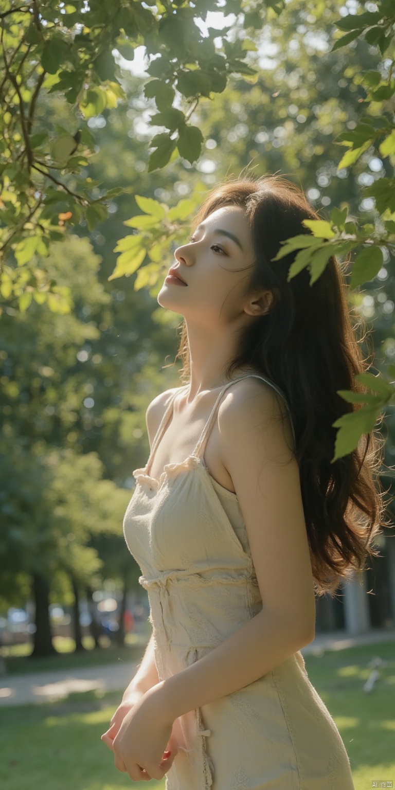 glow,Subject: Fresh and young beauty style,natural lighting,summer freshness scene: outdoor park,shaded by green trees,sunlight filtering through the leaves falling on the body camera angle: standing sideways,head slightly tilted towards the lens,showing a natural expression and posture resolution:4K rendering engine: realistic style,high-definition details,enhanced natural lighting effects aspect ratio: 16:9,