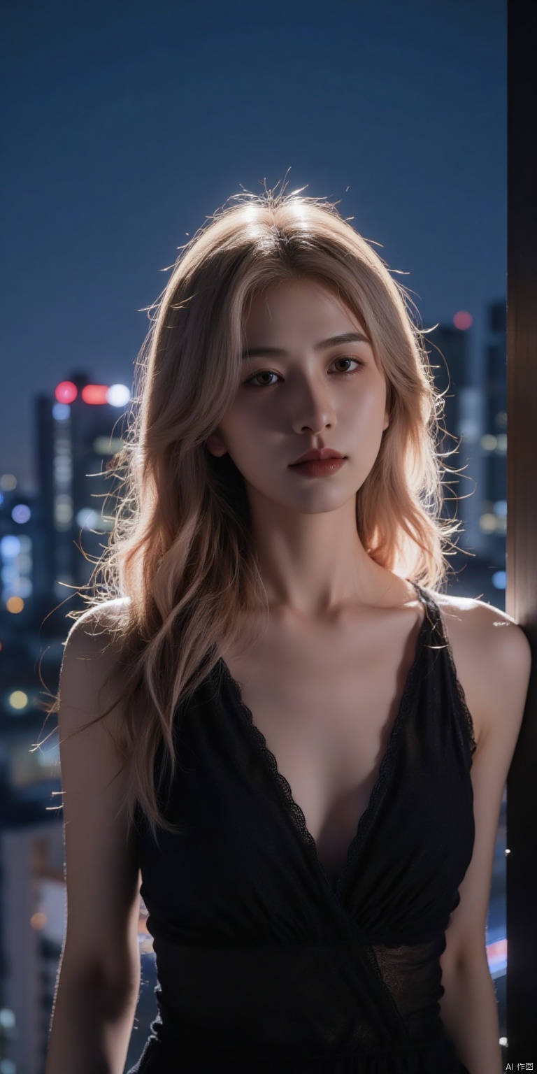 1girl,solo,night,long hair,blonde hair,see-through,looking at viewer,city,lips,cityscape,realistic,breasts,city lights,dress,(masterpiece:1.2),best quality,high resolution,unity 8k wallpaper,(illustration:1),perfect lighting,extremely detailed CG,finely detail,extremely detailed,soft lighting and shadow,soft yet striking lighting,film grain:1.2,(skin pores:1.2),(detailed skin texture:1),((solo:1.5)),Detailed face,(see-through:1.1),misty,Low Key:1.1,depth of field,