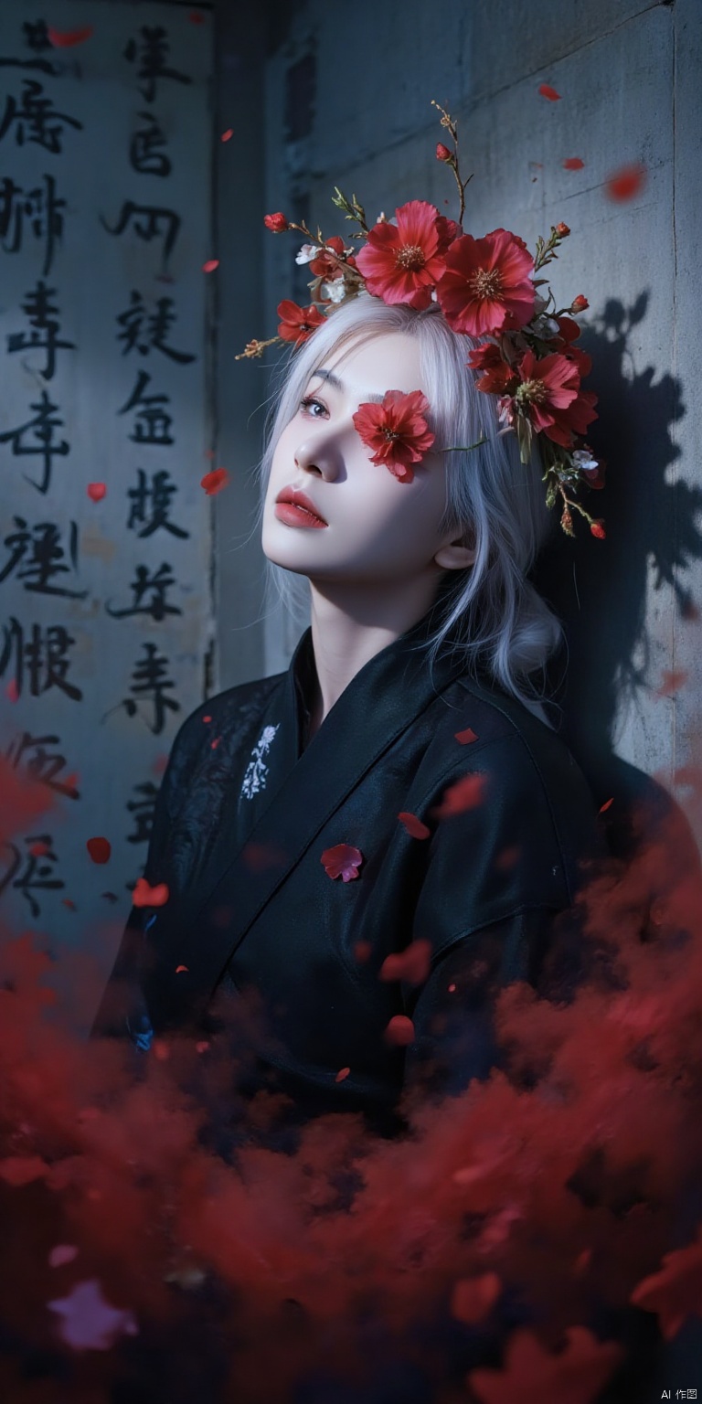 WALLPER,
A young Asian woman wearing a flower wreath,An Acrylic style painting that is expressive,gives it a dynamic and emotional quality.a woman with a ethereal red and blue mist surrounding her body. The mist creates a dramatic and surreal effect. A red flower,that is blooming,covering one eye,attached to the face. The woman has a cold aesthetic,complimented by her white hair. Anime art of woman draped in shadows with a lighting that enhances her sexy unique features. with a black kimono adorned with flowers. The background is blurred The background is a wall with Chinese characters written on it creating a stark contrast to the womans outfit. filled with red rose petals.,