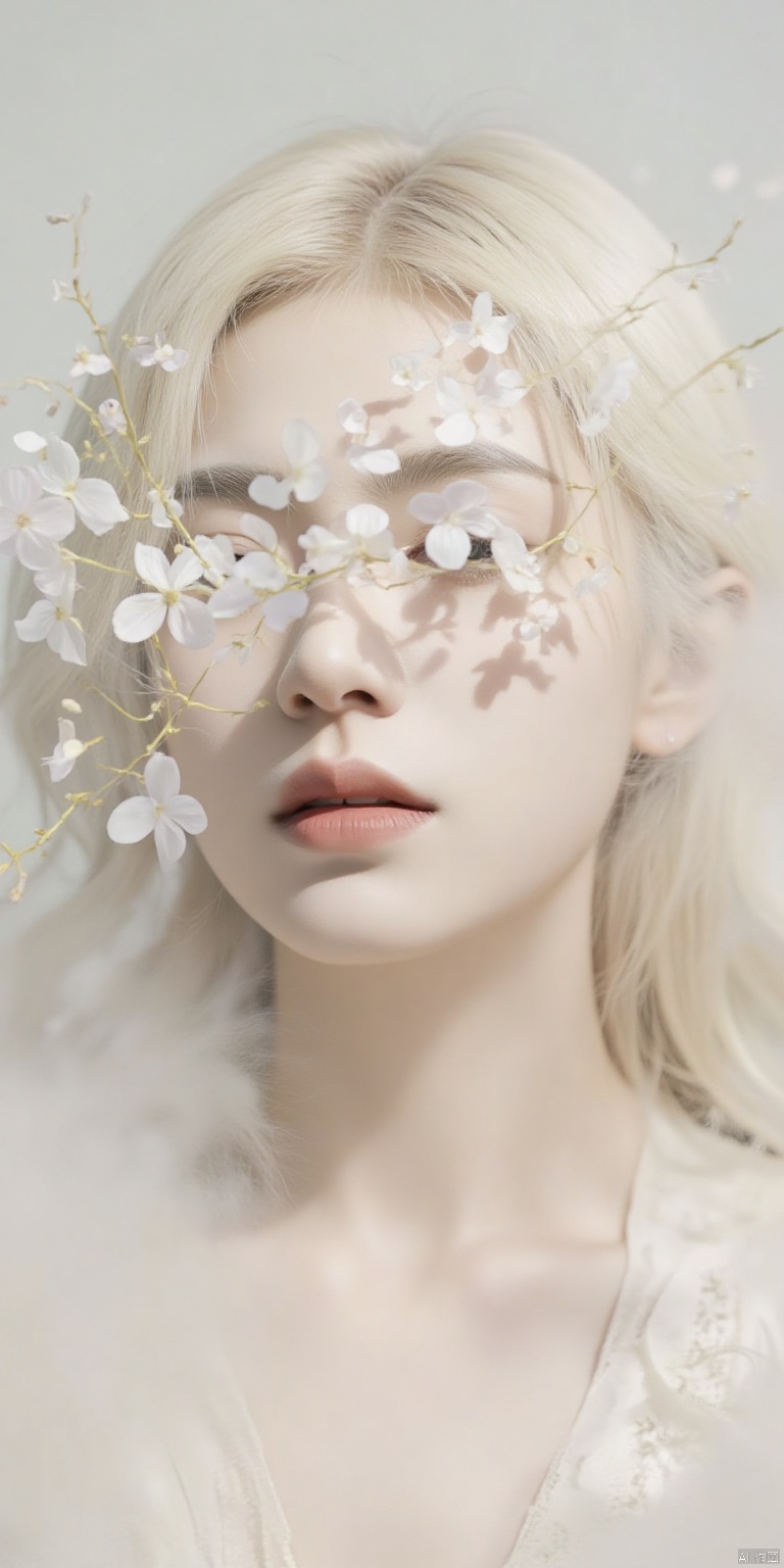 (mist:1.5),Soft space,Soft tones,dream,Hazy and mysterious, Mist and white small flowers cover,Modern illustration elements. Tranquility, Pure atmosphere,blond woman with white flowers covering her face and eyes, inspired by Hsiao-Ron Cheng, inspired by Yanjun Cheng, by Ayami Kojima, by Hsiao-Ron Cheng, by Yanjun Cheng, guweiz, artwork in the style of guiz, by Eizan Its a gift, and cake, sweat jan