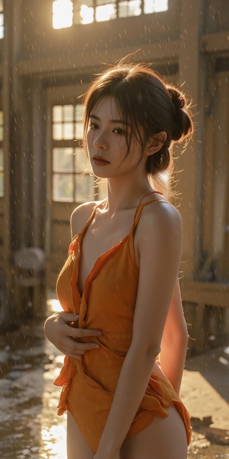Chinese classics,Figure in the middle of the picture,the sun shines,radiant,creative composition,HD wallpaper,8K,1girl,solo,waterfall,fair_skin,shiny_skin,cowboy_shot,moody lighting,orange_theme,chinese_style,high ponytail,two-tone hair,lake,dripping,competition_swimsuit,